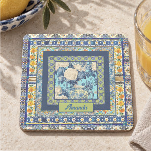 Elegantes blaues Chinoiserie-Blumenmonogramm Steinuntersetzer