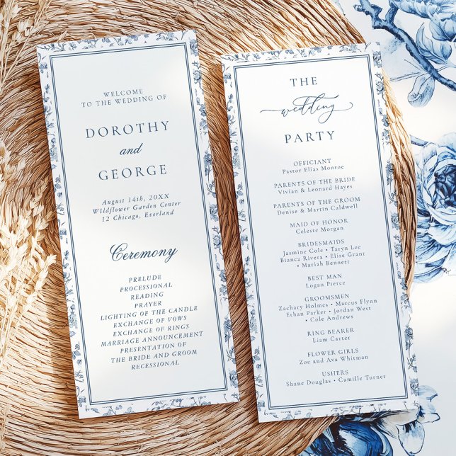 Elegantes blaues Chinoiserie-Hochzeitsprogramm Einladung (Von Creator hochgeladen)