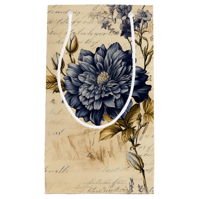 Elegantes blaues Cream Floral Muster Kleine Geschenktüte (Vorderseite)