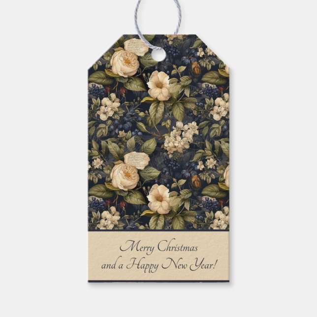 Elegantes blaues Cream Green Floral Muster Geschenkanhänger (Vorderseite)