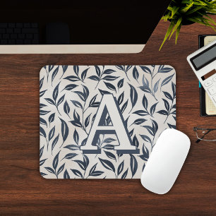Elegantes blaues Cream Leaf Muster Mit Monogramm Mousepad