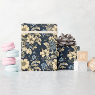 Elegantes blaues cremefarbenes Blumenmuster Geschenkpapier