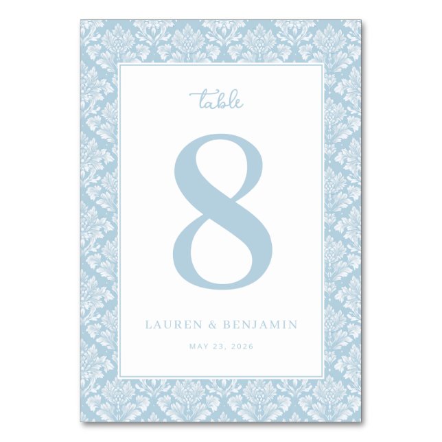 Elegantes blaues Damast-Tischschild Tischnummer (Vorderseite)