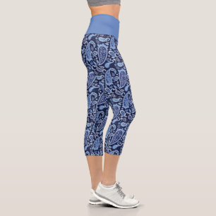 Elegantes blaues Floral-Paisley Capri Leggings