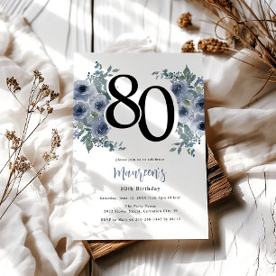 Elegantes Blaues Florales 80. Geburtstagsjubiläum Einladung