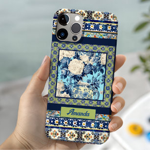 Elegantes blaues florales Chinoiserie-Monogramm Case-Mate iPhone Hülle