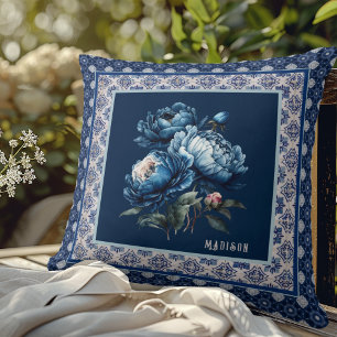 Elegantes blaues florales Chinoiserie-Monogramm-Ge Kissen