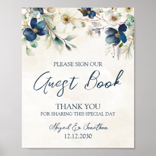 Elegantes blaues florales Hochzeitsgästebuch-Schil Poster