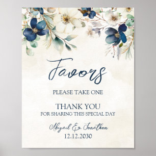 Elegantes blaues florales Hochzeitsgunst-Schild im Poster