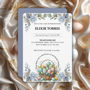 Elegantes blaues florales Osterei-Korb-Baby-Party Einladung