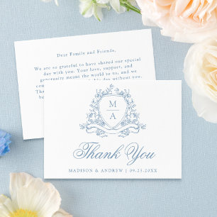 Elegantes blaues florales Wappen-Monogramm-Hochzei Dankeskarte