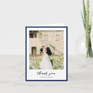 Elegantes blaues Foto Moderne Hochzeit Dankeskarte