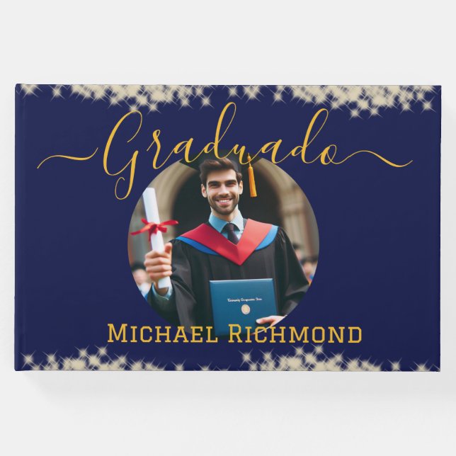 Elegantes blaues Foto Spanisch Graduierte Signatur Gästebuch (Vorderseite)