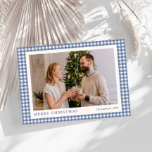 Elegantes blaues Gingham-Karo-Weihnachtsfoto