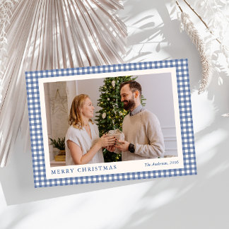 Elegantes blaues Gingham-Karo-Weihnachtsfoto Feiertagskarte