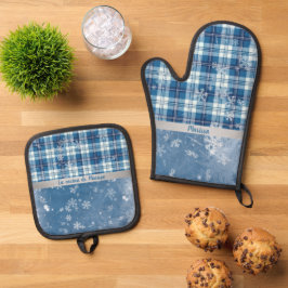 Elegantes blaues Gittermuster personalisiert Ofenhandschuh & Topflappen-Set