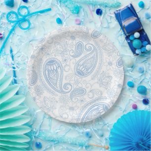 Elegantes blaues Glitter-Paisley-Blumenmuster in W Pappteller