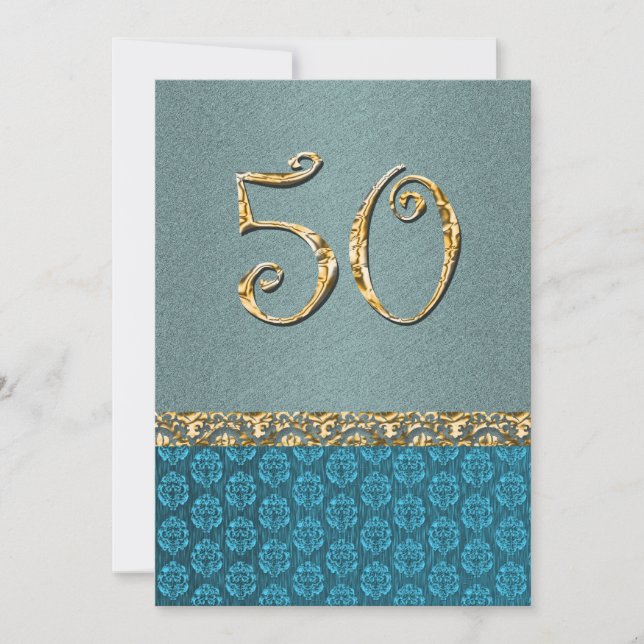 Elegantes blaues Gold 50. Damask JEDES ALTER Einladung (Vorderseite)