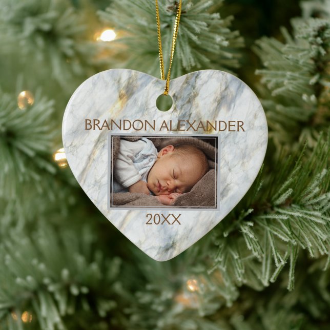 Elegantes, blaues, graues Marmormuster, benutzerde Keramik Ornament (Baum)