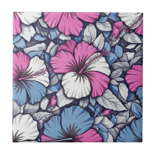 Elegantes blaues Hibiskus-Blumenmuster (1) Fliese