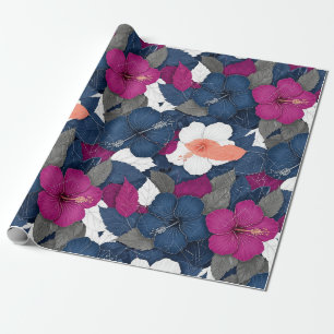 Elegantes blaues Hibiskus-Blumenmuster (2) Geschenkpapier