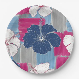 Elegantes blaues Hibiskus-Blumenmuster (2) Pappteller