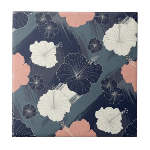 Elegantes blaues Hibiskus-Blumenmuster (5) Fliese