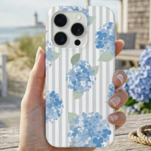 Elegantes Blaues Hortensienmuster Grauer Streifen iPhone 15 Pro Hülle