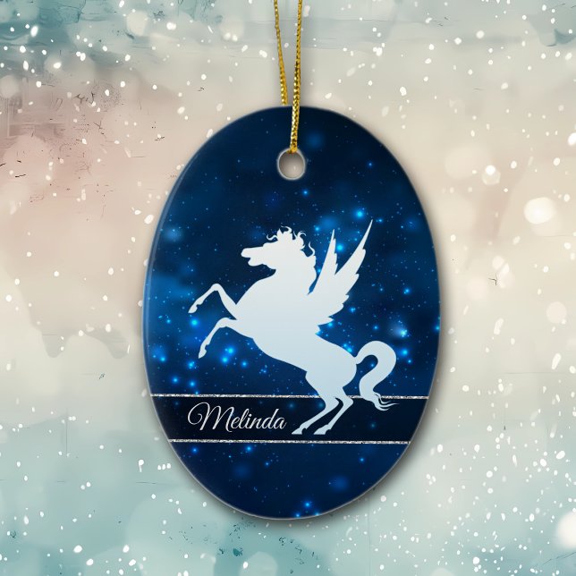 Elegantes blaues Licht Silver Silhouette Einhorn Keramik Ornament (Von Creator hochgeladen)