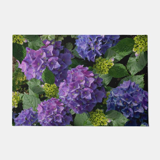 Elegantes blaues lila Magenta grünes Hydrangea Fußmatte (Vorderseite)
