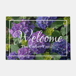 Elegantes blaues lila Magenta grünes Hydrangea Fußmatte