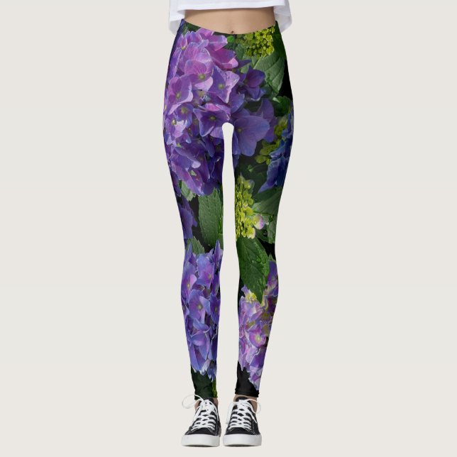 Elegantes blaues lila Magenta grünes Hydrangea Leggings (Vorderseite)