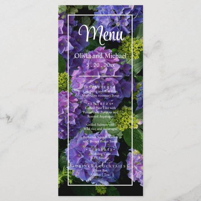 Elegantes blaues lila Magenta grünes Hydrangea Menükarte (Vorderseite)