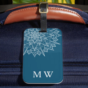 Elegantes blaues Mandala-Monogramm Gepäckanhänger