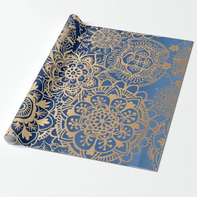 Elegantes Blaues Mandala-Muster Geschenkpapier (Ungerollt)
