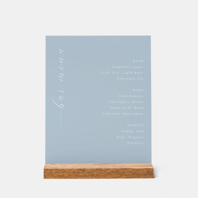 Elegantes Blaues Minimalistisches Barmenü Acrylschild (Vorderseite)