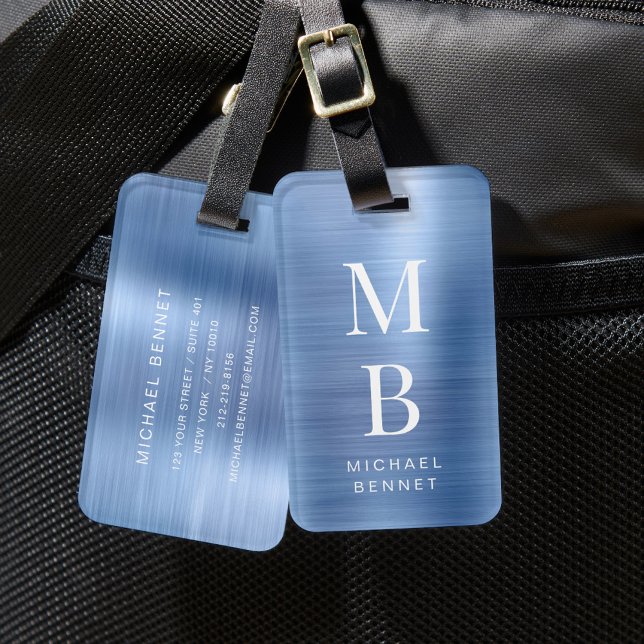 Elegantes blaues Monogramm Gepäckanhänger (Elegant Monogrammed Blue Luggage Tag)