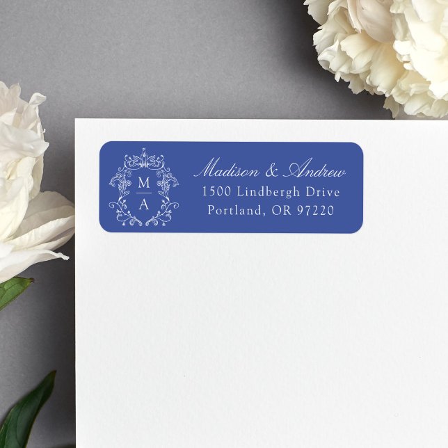 Elegantes blaues Monogramm-Hochzeits-Anschrift (Von Creator hochgeladen)
