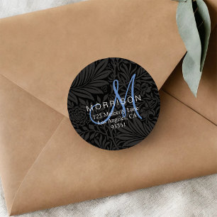 Elegantes blaues Monogramm schwarzes florales Rück Runder Aufkleber