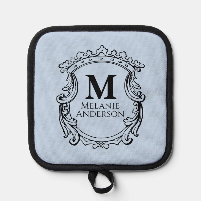 Elegantes blaues Monogrammwappen  Topflappen (Vorderseite)