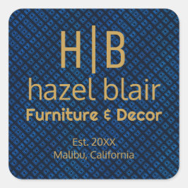 Elegantes blaues Muster | Gold Monogram Business L Quadratischer Aufkleber