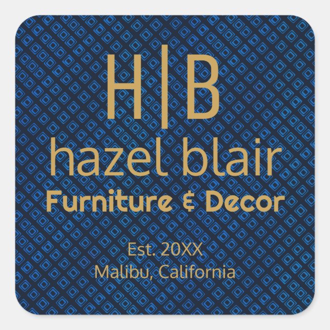 Elegantes blaues Muster | Gold Monogram Business L Quadratischer Aufkleber (Vorderseite)