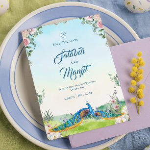 Elegantes Blaues Pfauen-Blumen-Hochzeitsthema Save The Date
