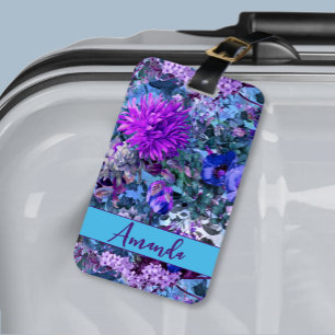 Elegantes blaues Purples Blumenmuster Monogramm Gepäckanhänger