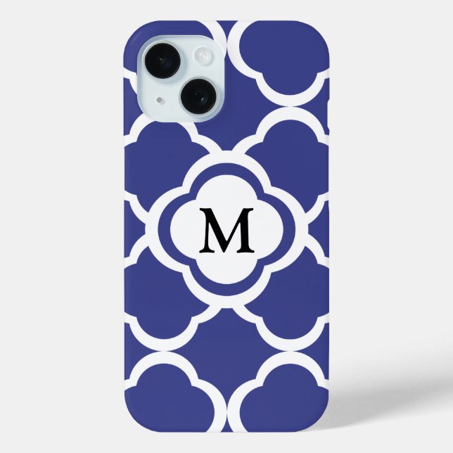 Elegantes blaues Quatrefolienmuster Monogramm Case-Mate iPhone Hülle (Rückseite)