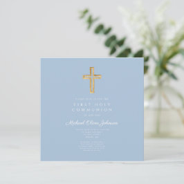 Elegantes blaues religiöses Kreuz Junge Erste Komm Einladung