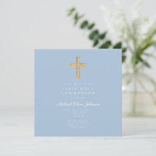Elegantes blaues religiöses Kreuz Junge Erste Komm Einladung