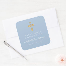 Elegantes blaues religiöses Kreuz Junge Erste Komm Quadratischer Aufkleber