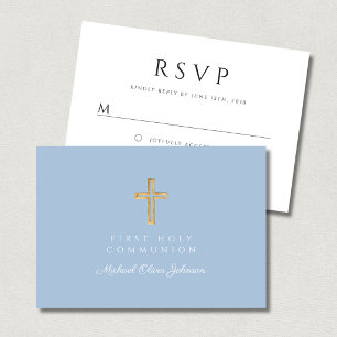 Elegantes blaues religiöses Kreuz Junge Erste Komm RSVP Karte