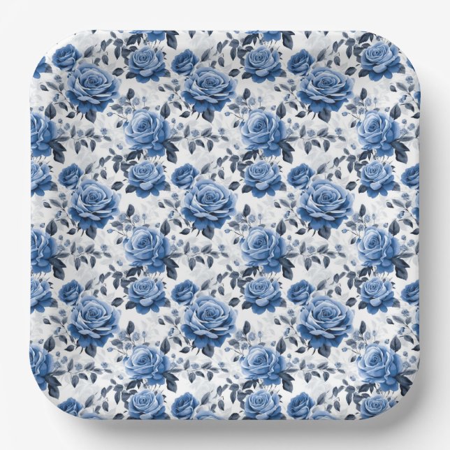Elegantes blaues Rose-Muster Pappteller (Vorderseite)